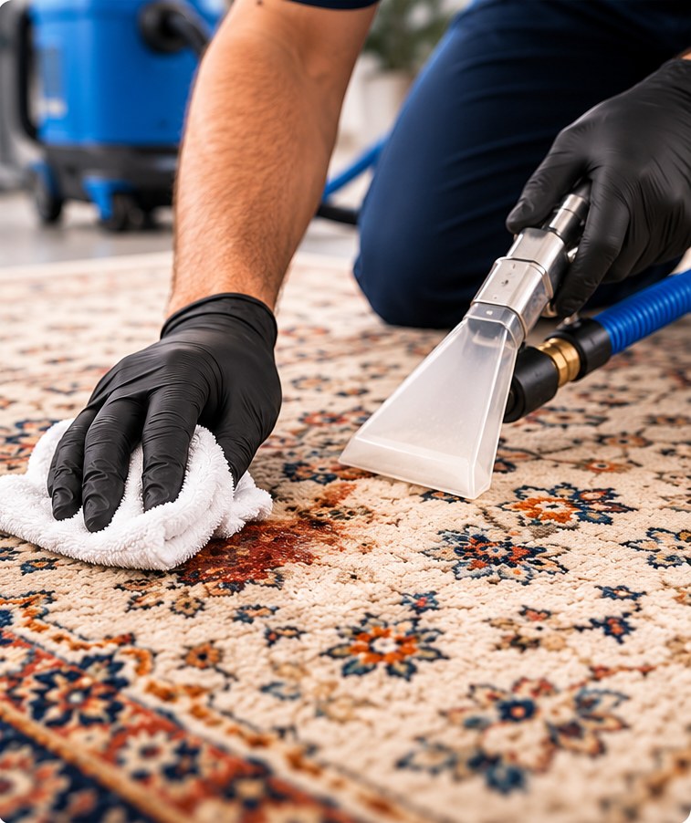 Close-up professional rug stain removal treatment